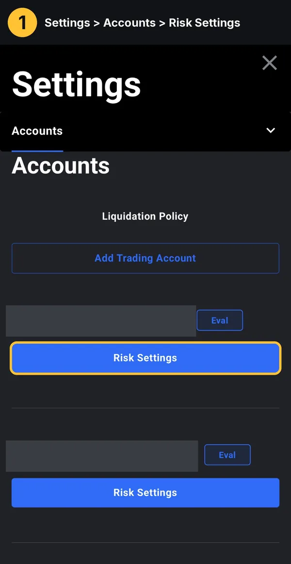 Tradovate Settings, Accounts tab, Risk Settings button highlighted; account names redacted