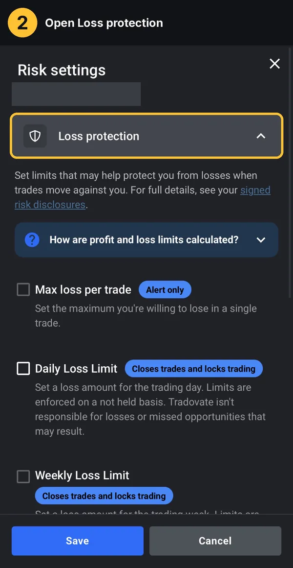 Loss protection panel with the Alert only and Closes trades and locks trading badges