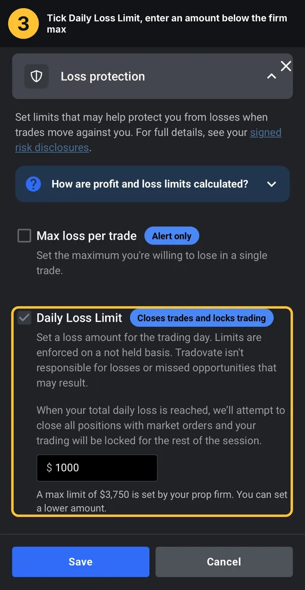 Daily Loss Limit ticked with $1000 entered under a $3,750 prop firm max