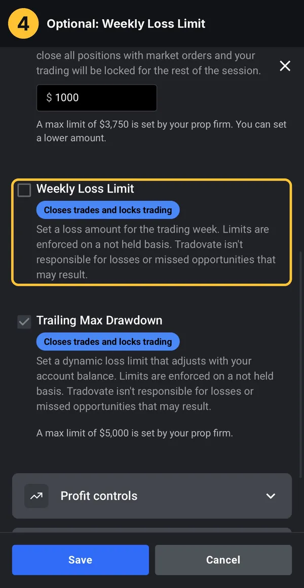 Weekly Loss Limit option in Tradovate Risk Settings