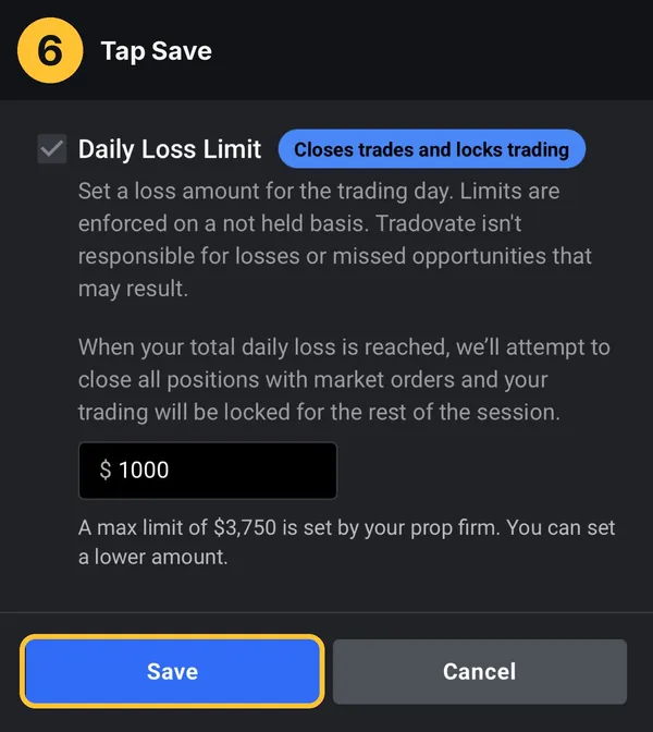 Save button at the bottom of Tradovate Risk Settings