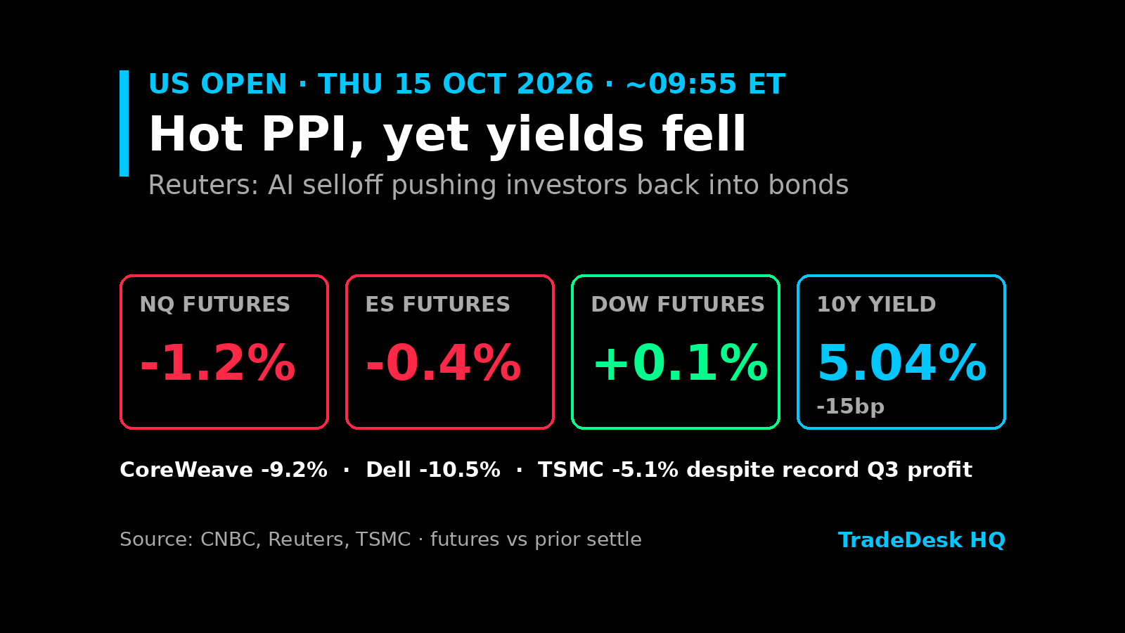 Card, US open 15 Oct 2026 at about 09:55 ET: NQ futures -1.2%, ES futures -0.4%, Dow futures +0.1%, 10-year Treasury yield 5.04%, down 15bp. CoreWeave -9.2%, Dell -10.5%, TSMC -5.1% despite record Q3 profit.