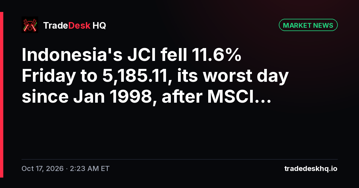 Card: Indonesia's JCI fell 11.6% Friday to 5,185.11, its worst day since Jan 1998, after MSCI…