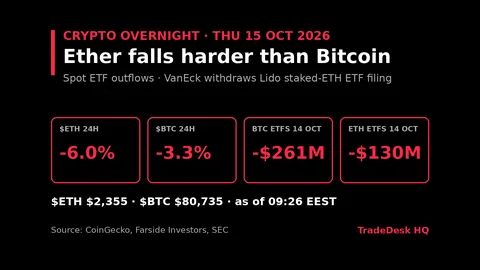 Card, crypto overnight 15 Oct 2026: Ether -6.0% in 24h at $2,355, Bitcoin -3.3% at $80,735. US spot ETF net flows 14 Oct: Bitcoin -$261M, Ether -$130M. VanEck withdraws Lido staked-ETH ETF filing.