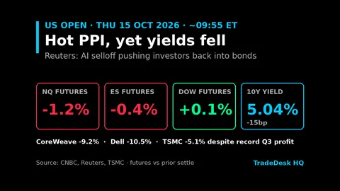 Card, US open 15 Oct 2026 at about 09:55 ET: NQ futures -1.2%, ES futures -0.4%, Dow futures +0.1%, 10-year Treasury yield 5.04%, down 15bp. CoreWeave -9.2%, Dell -10.5%, TSMC -5.1% despite record Q3 profit.