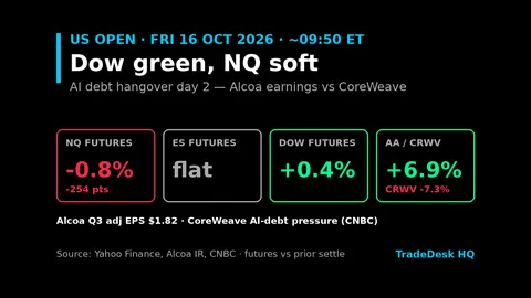 Card, US open Friday 16 Oct 2026 at about 09:50 ET: NQ futures -0.8% (-254 pts), ES futures flat, Dow futures +0.4%. Alcoa +6.9% after Q3 adjusted EPS $1.82; CoreWeave -7.3% on AI-debt concerns.