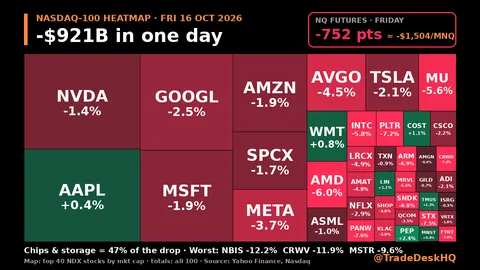 Heatmap of the 40 largest Nasdaq-100 stocks on Fri 16 Oct 2026, sized by market cap: mostly red; NVDA -1.4%, GOOGL -2.5%, AVGO -4.5%, MU -5.6%, AMD -6.0%, AAPL +0.4%. Headline: -$921B in one day; NQ futures -752 points, about -$1,504 per MNQ. Chips & storage = 47% of the drop. Source: Yahoo Finance, Nasdaq.