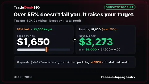 Card: Topstep 50K Combine consistency rule. 55% limit on a $3,000 target caps your best day at $1,650. A $1,800 best day raises the target to $3,273. XFA payouts: largest day ≤ 40% of total net profit.