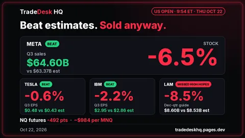 Card, beat estimates, sold anyway. At 9:54 ET: Meta -6.5% after Q3 sales of $64.60B vs $63.37B est; Tesla -0.6%, IBM -2.2% after EPS beats; Lam -8.5%, guide missed high hopes; NQ futures -492 pts.