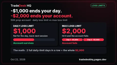 Card: "-$1,000 ends your day. -$2,000 ends your account." 50K daily loss limit $1,000: account survives. Max loss limit $2,000: account fails. Two such days in a row use all $2,000.