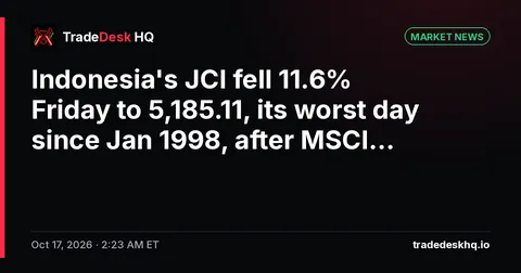 Card: Indonesia's JCI fell 11.6% Friday to 5,185.11, its worst day since Jan 1998, after MSCI…